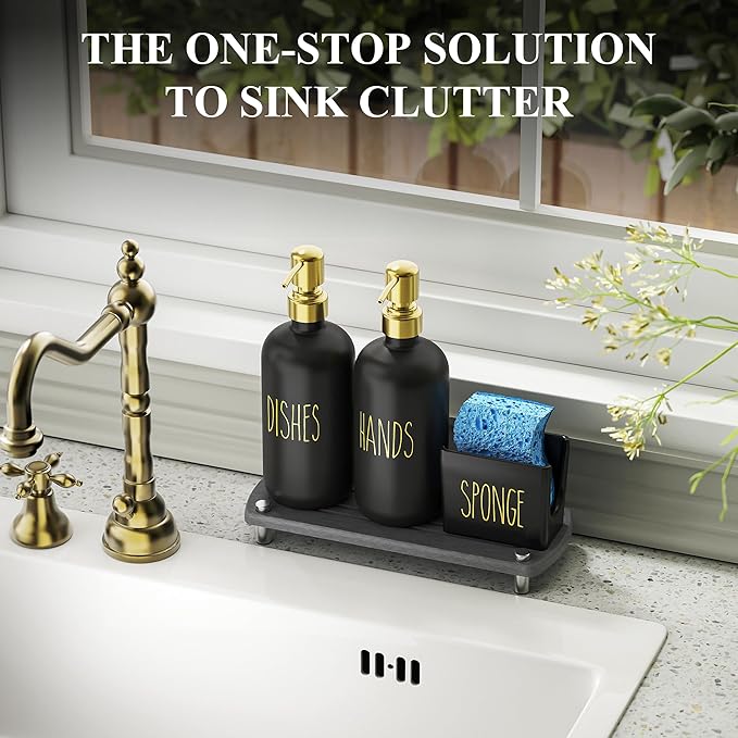 Cisily Kitchen Soap Dispenser Set Comes with Ceramics Sponge Holder, Gold Pumps, and Instant Dry Tray, Hand and Dish Soap Dispenser Set Suitable for Kitchen Decor and Accessories(Black & Gold)