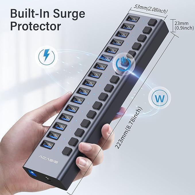Powered USB 3.0 Hub, ACASIS 16 Ports USB 3.0 Hub with 5Gbps Data Speed，Aluminum Housing, USB Hub Powered with 90W Power Adapter, USB Hub for PC/Laptop, Computer, Flash Drive, Printer, Camera