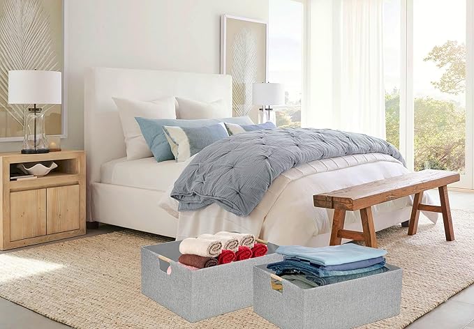 Collapsible Storage Box for Women - Foldable Home Organizer 16.9x12.5x7Inches with Wooden Handles | Closet, Bathroom & Kids Room Storage | Heavy-Duty Linen Fabric 2Pack