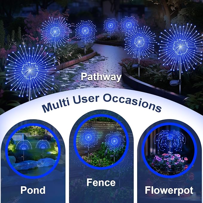 Solar Garden Lights Outdoor, 2 Pack 120 LED Twinkling Firework Lights Decorative with 2 Modes, Outdoor Waterproof Solar Starburst Light for Outside Yard Pathway Garden Decor, Blue