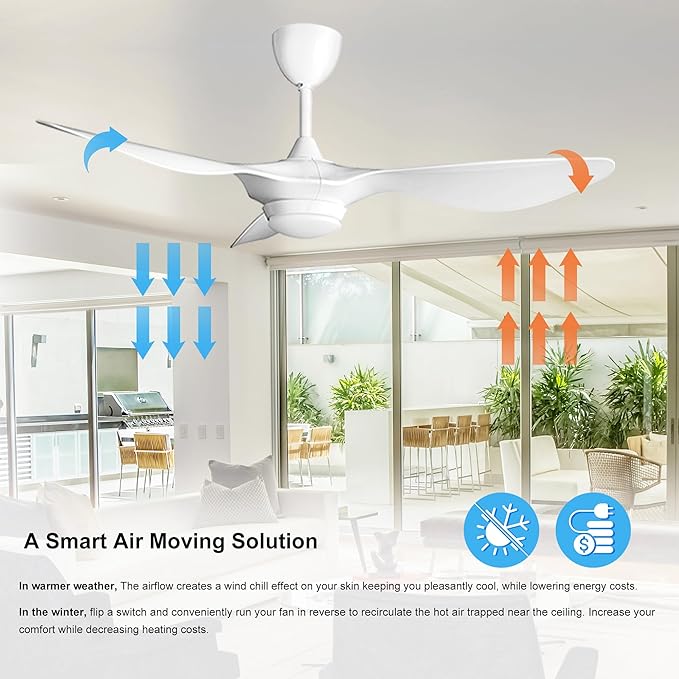 reiga 52 Inch Smart White Ceiling Fan with Light and Remote, ETL Listed Quiet DC Motor 3 Blade Indoor Outdoor Ceiling Fans for Bedroom Living Room Patios