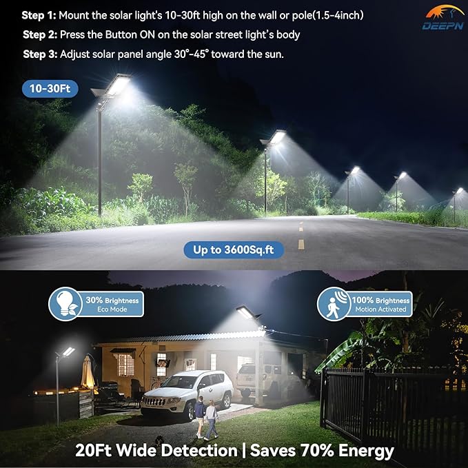 Deepn Solar Lights Outdoor, 8000W Solar Street Lights Outdoor Waterproof Dusk to Dawn LED Security Flood Light with Motion Sensor and Remote Control for Pathway, Entryway & Yard, 2 Pack