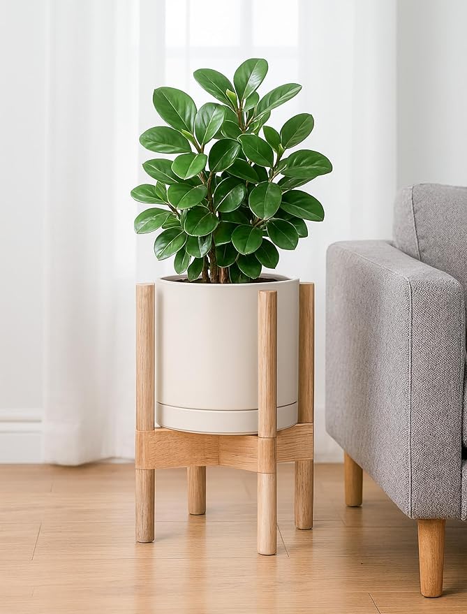 D'vine Dev Ceramic Planter with Natural Stand - 8 Inch Modern Round Flower Pot with Wood Planter Holder, Oatmeal, 55-B-N-8