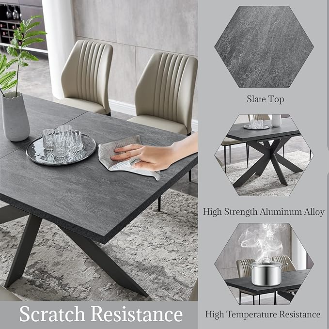 ZckyCine 6-8 People Modern Rectangular Kitchen Dining Table Extendable Dining Table Set for 6, 63–79 inch, Space-Saving Gray Table with 6 White PU Leather Cushioned Chairs, Metal Frame, Easy Assembly