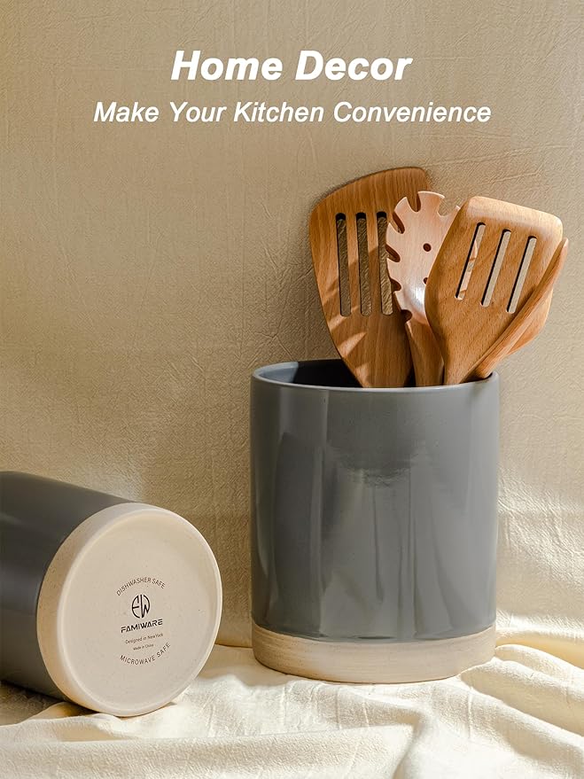 famiware Milkyway Kitchen Utensil Holder for Countertop, 7.2"+5.8" Ceramic Cooking Utensil Crocks for Counter, Utensil Organizer for Spatula & Spoon, Kitchen Decor, Set of 2, Dark Gray