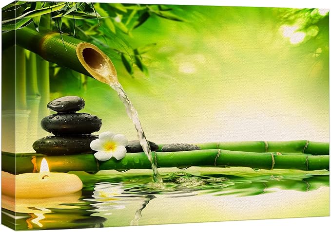 wall26 Canvas Print Wall Art Zen Green Bamboo Daisy Flower Massage Stone Spa Jungle Nature Wilderness Photography Realism Landscape Colorful Multicolor for Living Room, Bedroom, Bathroom - 16"x24"