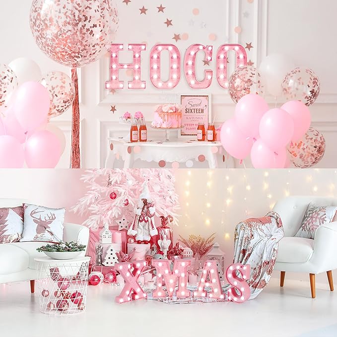 Pink Marquee Light Up Letters, Glitter Alphabet LED Letter Lights for Pink Birthday Party Decorations, Battery Operated Letter Sign for Girls Room Vanity Table Decor, Cool White Lights Letter X