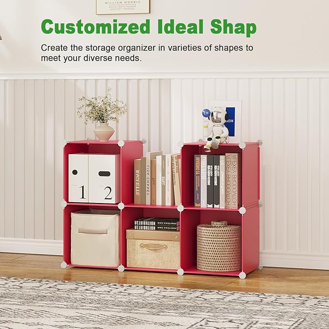 C&AHOME 6-Cube Storage Organizer, Stackable Storage Cubes Shelves, Portable Bookshelf, Plastic Clothing Storage Closet Organizer, DIY Modular Shelving Units for Wardrobe, Home, Red