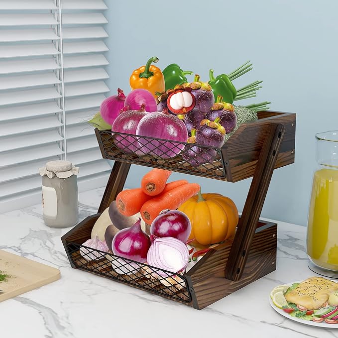 Dorhors Fruit Basket for Kitchen, 2 Tier Fruit Bowl,Kitchen Counter Organizer,Wooden Vegetable Holder for Countertop,Bread Storage Basket Stand