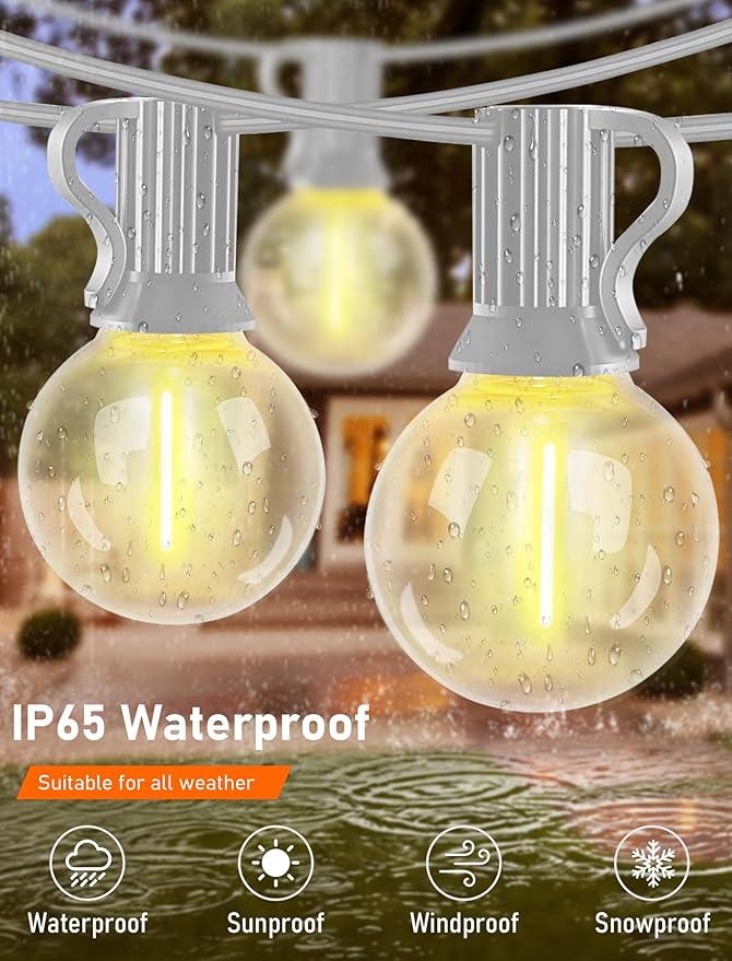 Outdoor LED String Lights 50ft - G40 Edison Bulbs with Clear Plastic Globes, Dimmable Waterproof Commercial Grade Fairy Lights for Wedding/Backyard/Cafe, Indoor Outdoor Party Decoration (Warm White)