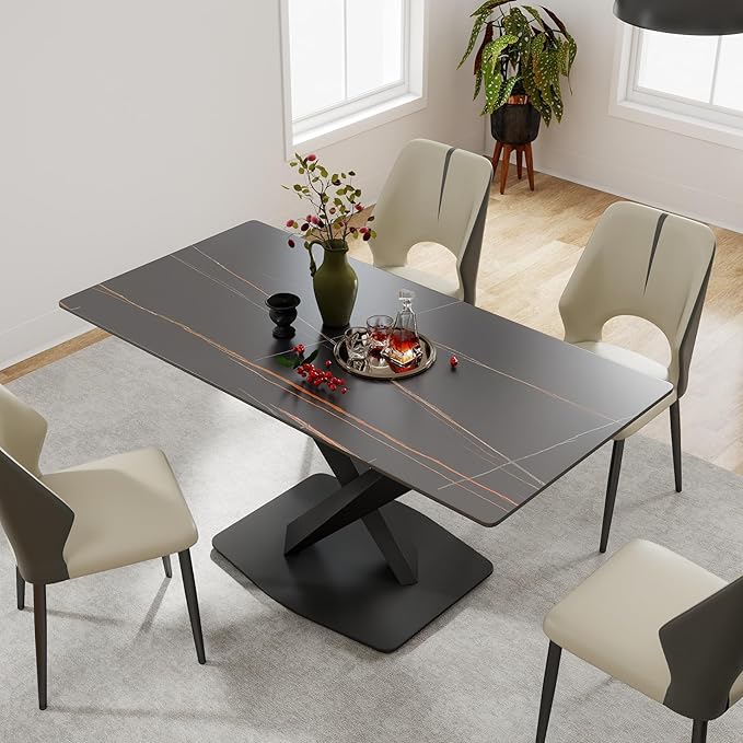 63" Modern Dining Table for 4-6 People, Black Sintered Stone Table Top with X-Shape Carbon Steel Pedestal, Large Rectangular Table for Kitchen Living Room