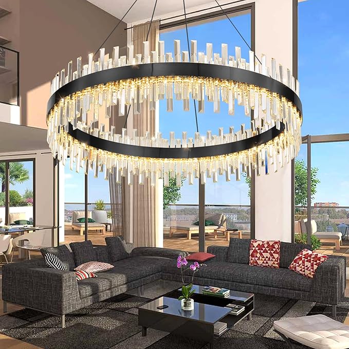 Glam Crystal Chandelier Interior Ring Chandeliers with Remote Dimmable LED Light Adjustable Hanging Lights Luxury Ceiling Pendant Lighting Fixtures for Living Dining Bedroom Foyer Black Light