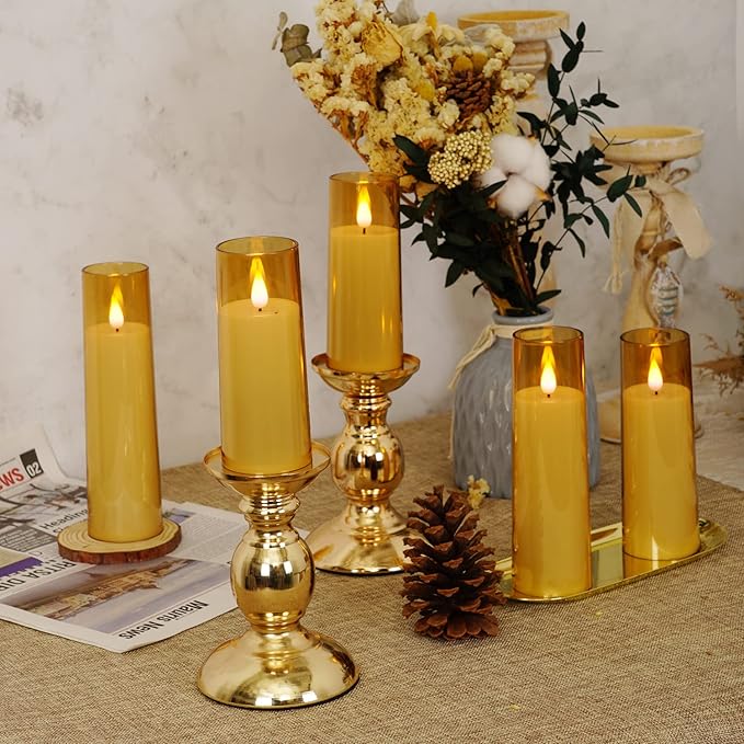 Amagic Flickering Flameless Candles, Battery Operated Candles, Amber Gold Acrylic LED Pillar Candles with Remote and Timer, 3D Wick, Yellow and Blue Glow, D2.2 xH5 5" 6" 7" 8", Set of 5