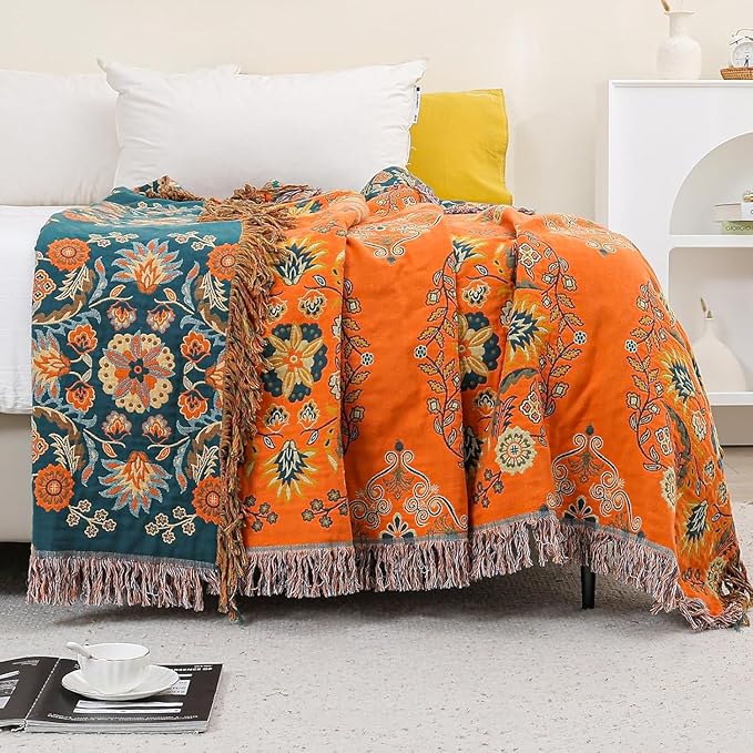 Fall Throw Blanket for Couch Bed Chair,100% Cotton Soft Lightweight Blanket Rustic Quilt -Orange Floral Printed Farmhouse Decor Bed All Season Blankets,60"×80"