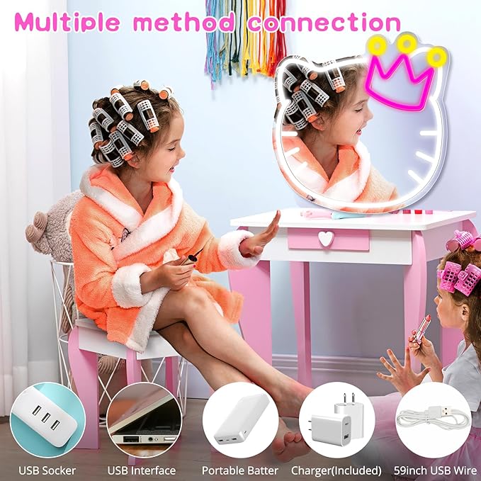 Anime Vanity Mirror with Neon Sign, 15.3 x 13.3 Inch USB Powered Makeup LED Mirror with Adjustable Brightness, Anime Style Room Wall Decor for Girls Teen Bedroom Women Children Gift Birthday Christmas