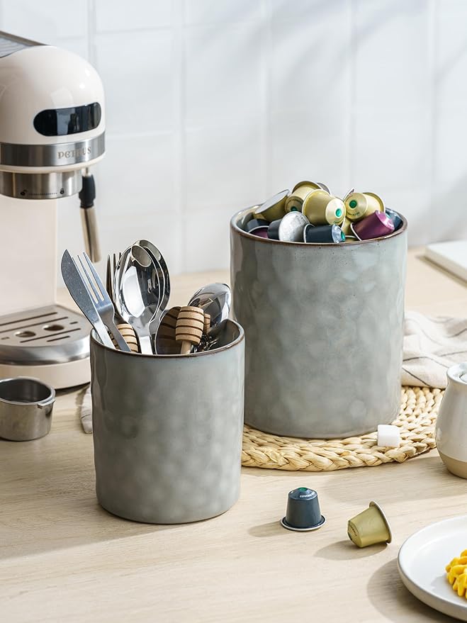 famiware Ocean Utensil Holder, 7.2"+5.8" Ceramic Kitchen Utensil Holder for Countertop, 2 Pieces Cooking Utensil Crocks, Utensil Organizer for Spatula & Spoon, Kitchen Decor, Set of 2, Gray