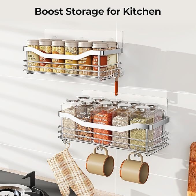 Orimade Shower Caddy Basket Shelf with 5 Hooks Adhesive Organizer Storage Rack Rustproof Wall Mounted Stainless Steel No Drilling for Bathroom, Toilet, Kitchen - 2 Pack