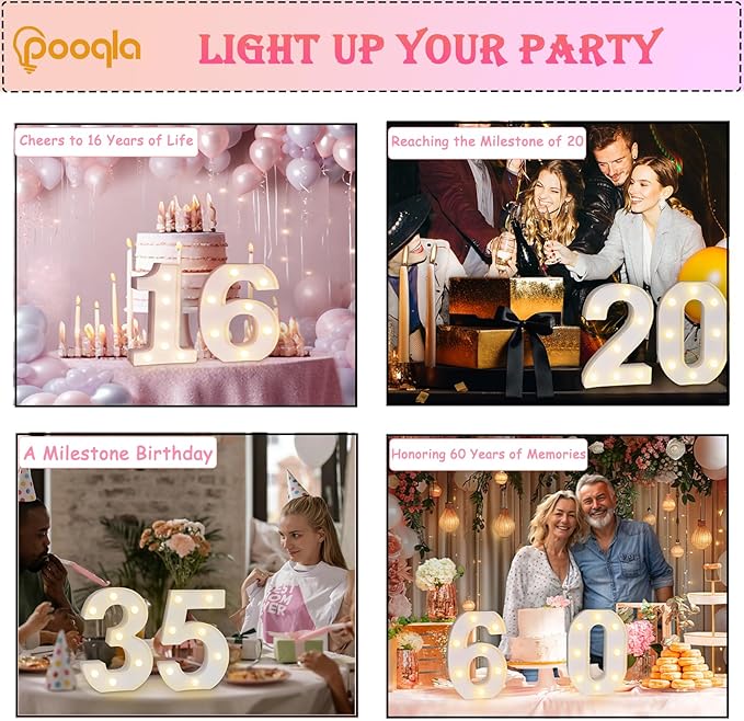 Pooqla Decorative LED Light Up Number Letters, White Plastic Marquee Number Lights Sign for 70th Birthday Party Wedding Decor, Battery Operated (70)
