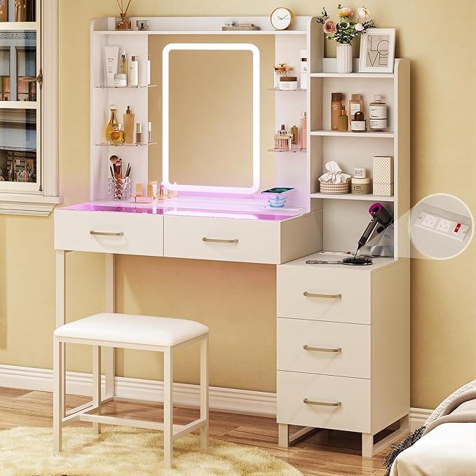 Vanity Desk with Mirror and LED Lights, 43" Makeup Vanity with Glass Top & Wireless Charging, Vanity with RGB Drawers, 3 Colors Light, Power Outlet Safety Switch for Bedroom, White