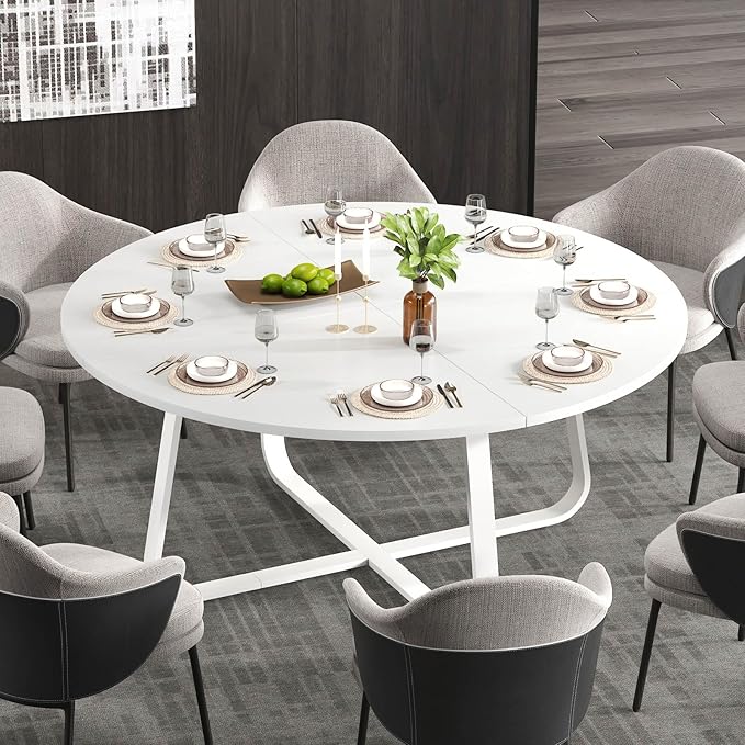 LVB Modern Round Dining Table, Wood Metal Kitchen Tables,Industrial Large Dinner Room Tables for 6 to 8, Circle Dining Room Table for Home Kitchen Living Room,White Oak,60 Inch