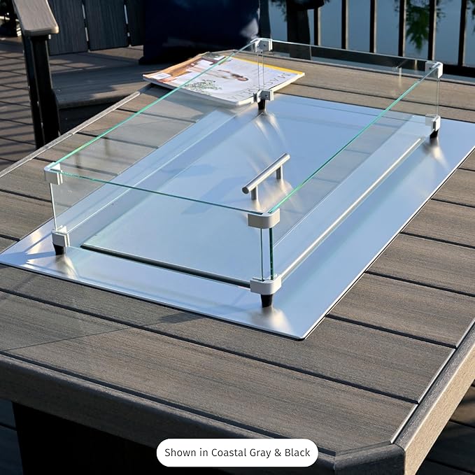 LuxCraft 51" Lumin Rectangular Gas Propane Fire Pit Table for Outdoor Patio with Tempered Glass Wind Guard and Stainless Steel Burner Cover - Amish Made in USA (Weatherwood & Black)