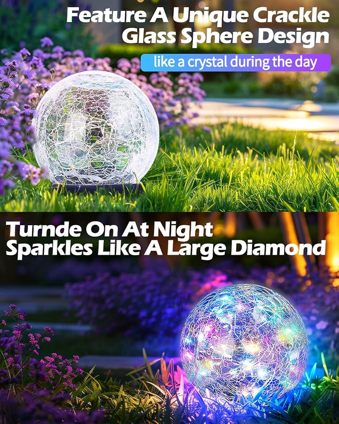 Garden Solar Ball Lights Outdoor Waterproof, 80 LED Cracked Glass Globe Solar Power Ground Lights for Path Yard Patio Lawn, Outdoor Decoration Landscape Colorful(2 Pack 5.9'')