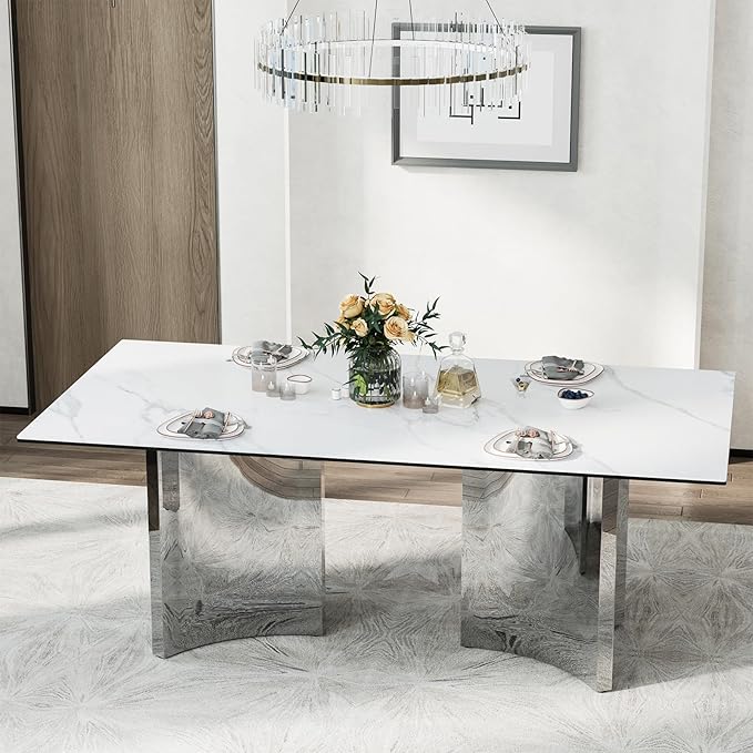 Asday 78-Inch Sintered Stone Rectangular Dining Table, Large Kitchen Table with Chrome Triangle Stainless Steel Double Pedestal for Living Room, Kitchen, Dining Room, White and Silver