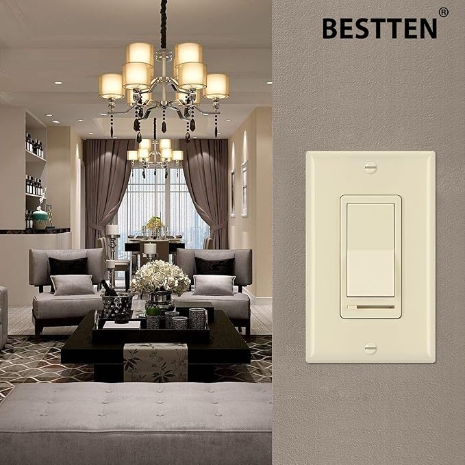 BESTTEN 10 Pack Almond Dimmer Light Switch, 3 Way or Single Pole Dimmer Switches, for Dimmable LED, Halogen and Incandescent Bulbs, 120V, Decorator Wall Plate Included, UL Listed