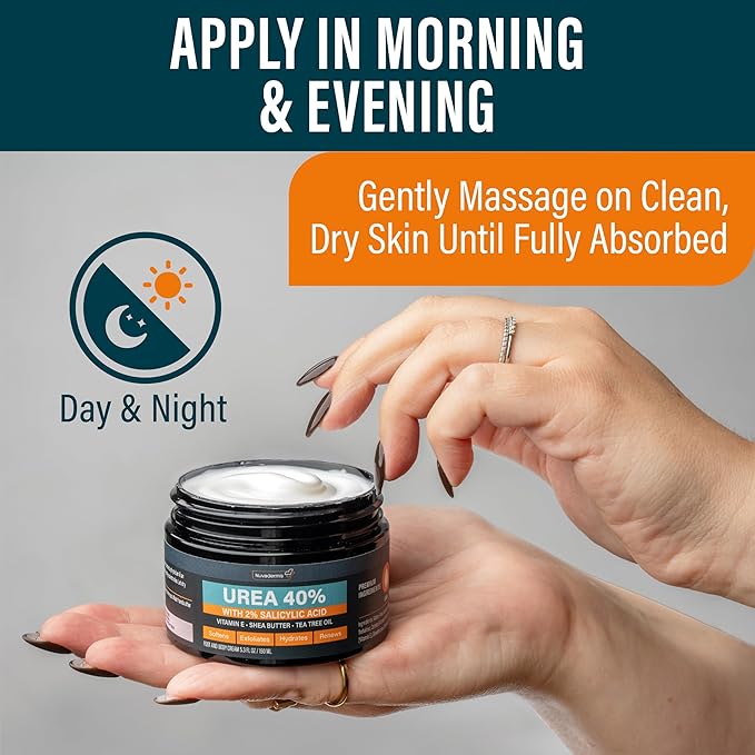 NUVADERMIS Urea Cream 40 Percent for Feet - 40% Urea Foot Repair Lotion - Maximum Strength For Dry Cracked Heels - 2% Salicylic Acid, Shea Butter, Tea Tree Oil, Vitamin E - 14 oz Jar Large