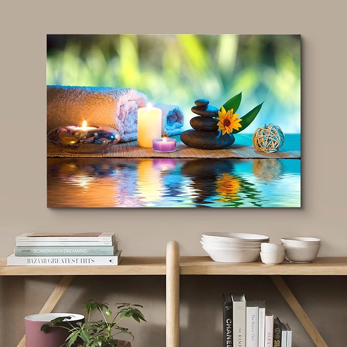 wall26 Canvas Print Wall Art Candles and Towels with Black Zen Stones and Orange Daisy Nature Floral Photography Realism Rustic Colorful Multicolor Ultra for Living Room, Bedroom, Office - 24"x36"