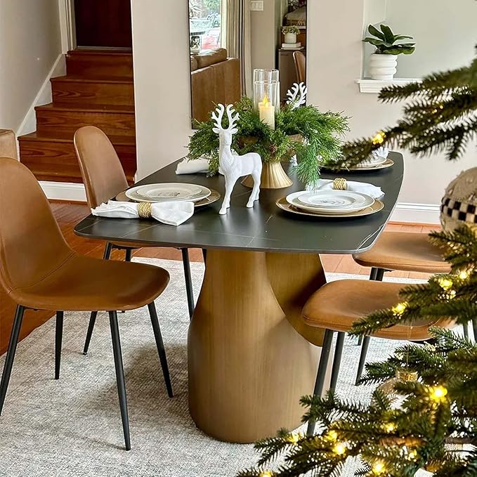 POVISON 63" Hobart Modern Dining Table for 4, Matte Black Heavy-Duty Rectangle Dining Table, Sintered Stone Dining Tabletop with Bronze Carbon Steel Pedestal (Table Only)