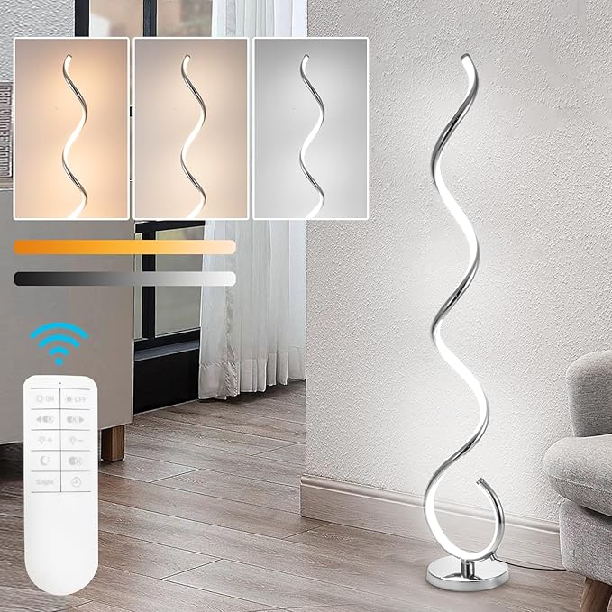 ADISUN LED Modern Floor Lamp for Living Room, Spiral Floor Lamp for Bedroom, 48W Dimmable Floor Lamps for Living Room Office Dining Room-Silver Remote Control