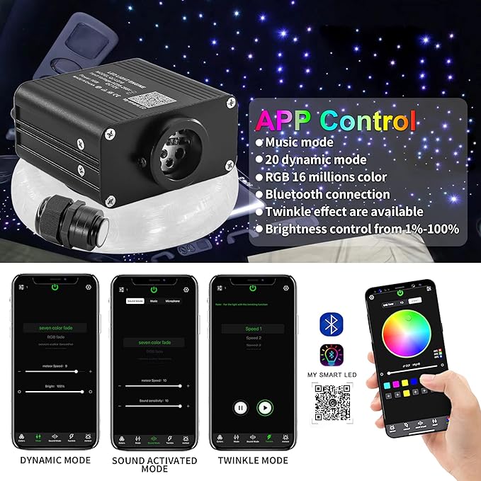 Starlight Headliner Kit Mixed 500pcs 9.8ft/3m, 16W Twinkle + Sound Activated Small Size Fiber Optic Star Lights for Car Roof Use with Bluetooth APP/Remote Control