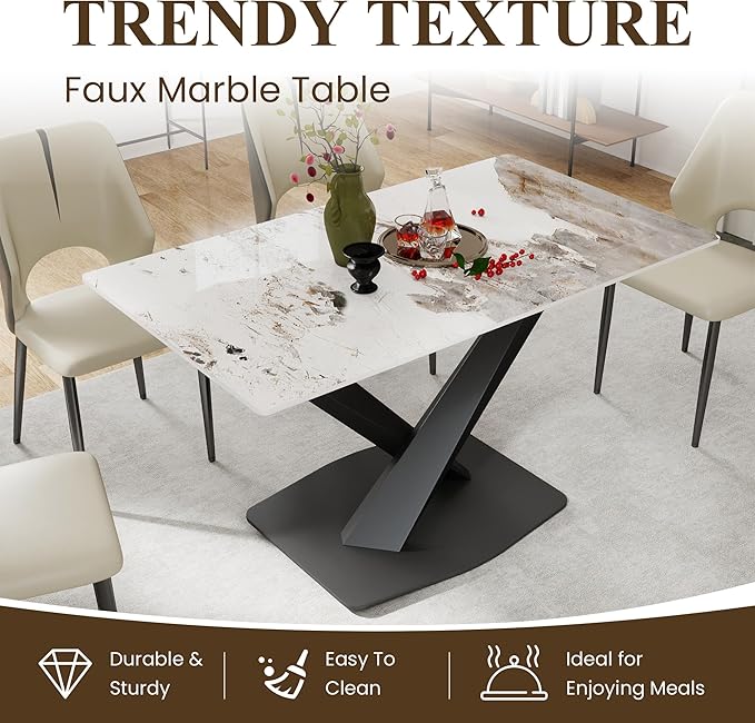 55" Modern Dining Table for 4-6 People, White Sintered Stone Table Top with X-Shape Carbon Steel Pedestal, Large Rectangular Table for Kitchen Living Room