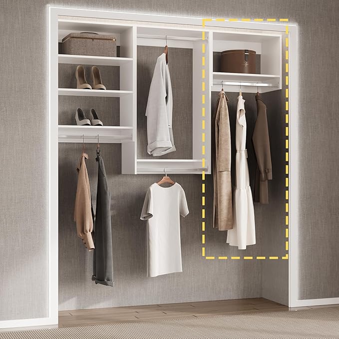 Tall Hanging Closet Unit, Modular Closet System, Wood Closet System Organizer with Storage for Walk In Closets, Clothing Rack Wardrobe Closet for Hanging Clothes, Bedroom, White, 28.5"W