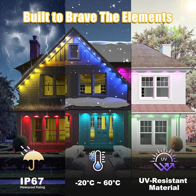 100ft Permanent Outdoor Lights, RGB+IC IP67 Waterproof Smart LED Lights with App/Remote for Daily, Christmas, New Year, Halloween, Holiday, Party Decor, Valentine's Day Christmas Lights Outdoor