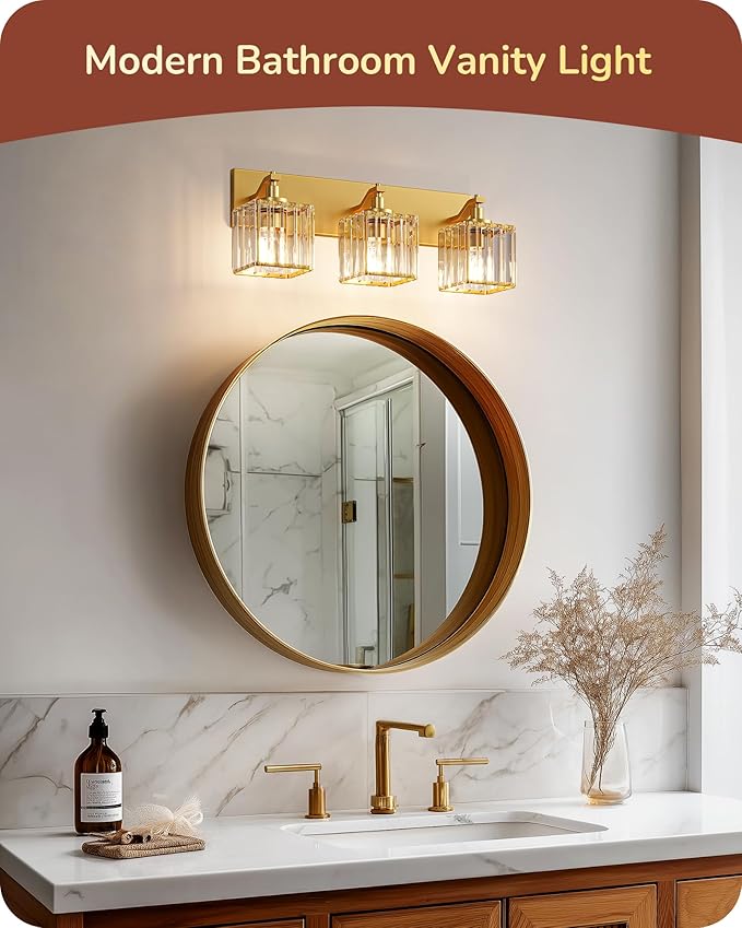 EDISHINE Bathroom Vanity Light, 20.47-Inch Modern Bathroom Lighting Fixtures, 3-Light Crystal Vanity Lights Over Mirror, Gold Bath Wall Sconce Lamp for Powder Room, Makeup, E26 Base