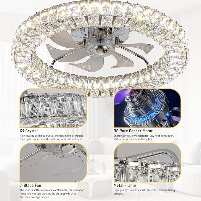 RGB Ceiling Fans with Lights, 22" Low Profile Ceiling Fan with Lights Remote for Bedroom,Smart Bladeless LED Fan Light,Nickel Modern Flush Mount Ceiling Fan Light with Remote/APP Control