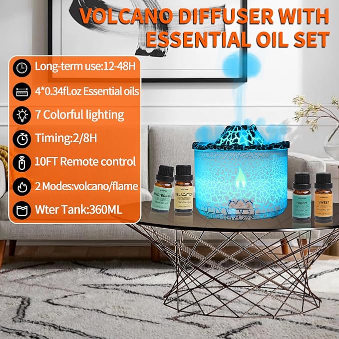 BOHOFAM Essential Oil Diffuser 360ML,Volcano and Flame Diffuser/Humidifier 2 Mode,Diffusers for Home with 7 Colorful Light,Included 4 Hotel Collection Diffuser Oil for Bedroom(White Translucent)