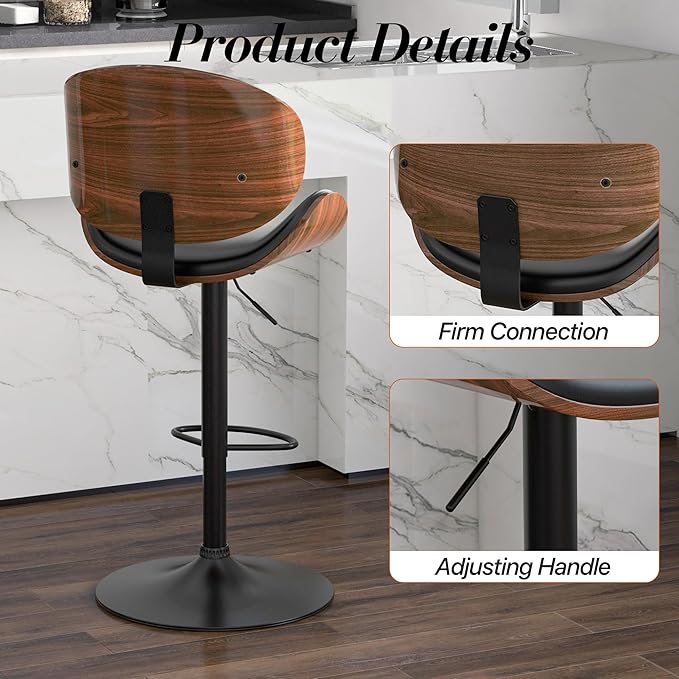 Adjustable Swivel Bar Stools Set of 4, Modern Bentwood Barstool with Large Metal Base and Footrest, PU Leather Upholstered Bar Chair with Curved Back for Kitchen Island Dining Room, Black