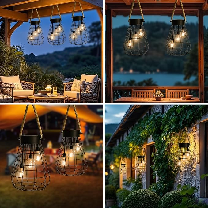 Solar Hanging Lantern with Rope, Vintage Industrial Pendant Light, 12.8" Solar Powered Outdoor Lantern, IP65 Waterproof Garden Light, Warm White Glow, Rechargeable for Patio, Porch, Yard Decor