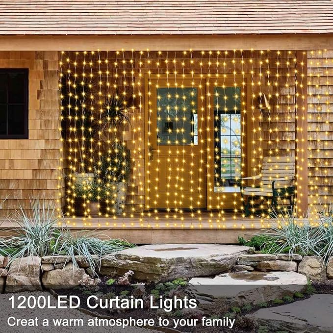 ZAIYW 1200 LED Curtain Lights 10x10Ft, Plug in Fairy Curtain Lights with Timer Remote Control Outdoor Curtain String Lights Waterproof for Patio Wedding Xmas Home Decor (Warm White)