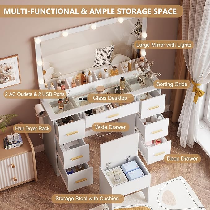 44" Vanity Desk with 38" Large Mirror and 9 LED Lights & Glass Top and Power Outlet, Makeup Vanity Set with 7 Drawers & Chair and RGB Ambient Light, Dressing Table for Bedroom, Modern White