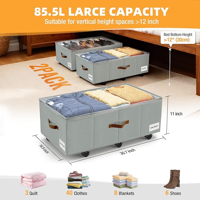 11 inch Under Bed Storage with Wheels, 2-Pack Underbed Storage Containers for College Dorms Bedrooms Organization, Foldable Under Bed Drawers for Comforters, Blankets, Clothes & Shoes, Grey