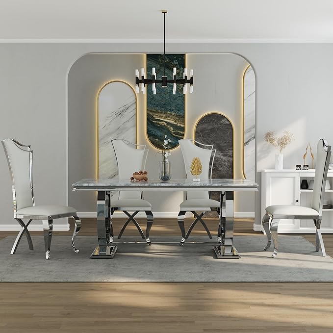 Asday 72 inch Modern Dining Room Table with Silver Stainless Steel Metal U-Base in Grey Silver