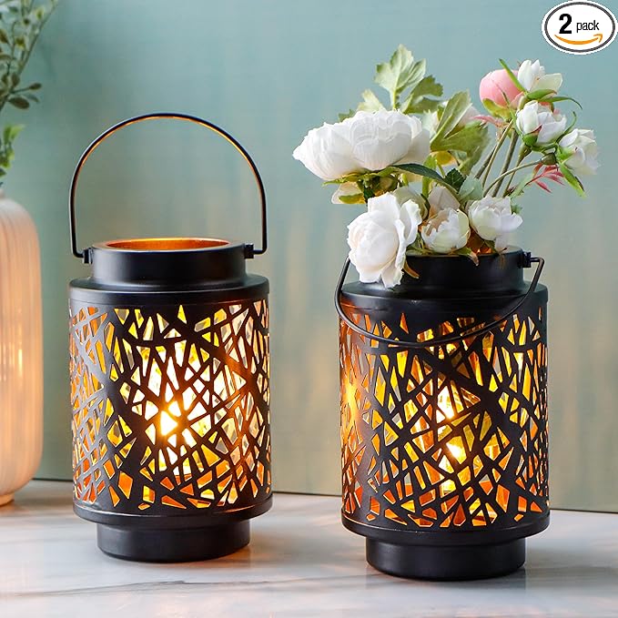 JHY DESIGN Set of 2 LED Battery Operated Table Lamp 8“H Cordless Lamp Light with 6-Hours Timer Metal Black Battery Lamp for Patio Garden Indoor Outdoor Party Events(Hollow Branch)