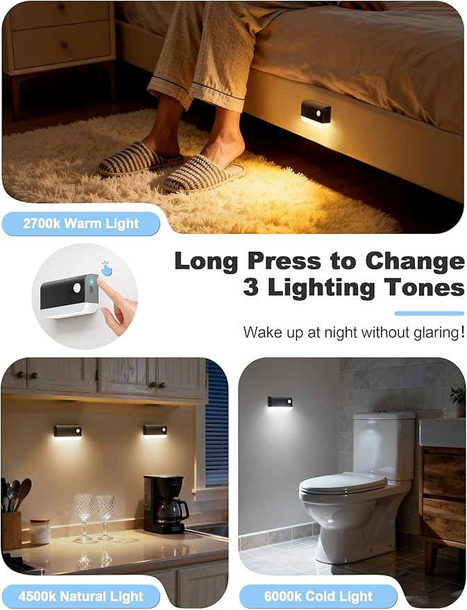 VOLISUN Motion Sensor Night Light, Rechargeable Stair Lights Indoor, Battery Operated Night Light for Hallway, Stairway, Bathroom, Bedroom, Kitchen, 3 Modes & 3 Color Temperatures(6 Pack Black)
