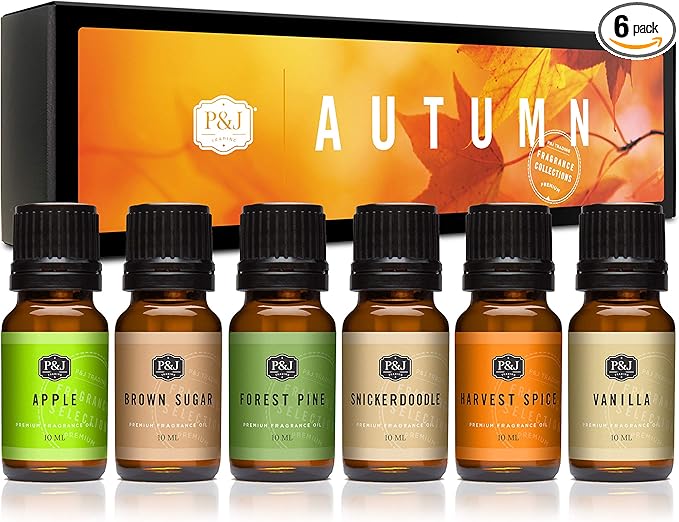 P&J Fragrance Oil Autumn Set | Brown Sugar, Apple, Harvest Spice, Vanilla, Forest Pine, and Snickerdoodle Candle Scents for Candle Making, Freshie, Soap Making Supplies, Diffuser Oil Scents