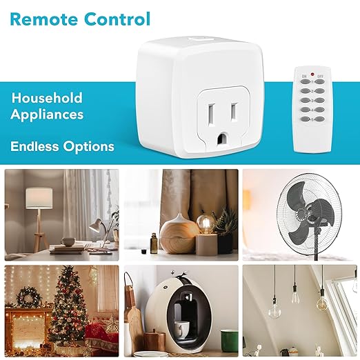 HBN Remote Control Outlet with 100FT RF Signal, Wireless On Off Switch Plug for Household Appliances, Battery Included, 15A/1875W(5 Outlets + 2 Remotes)