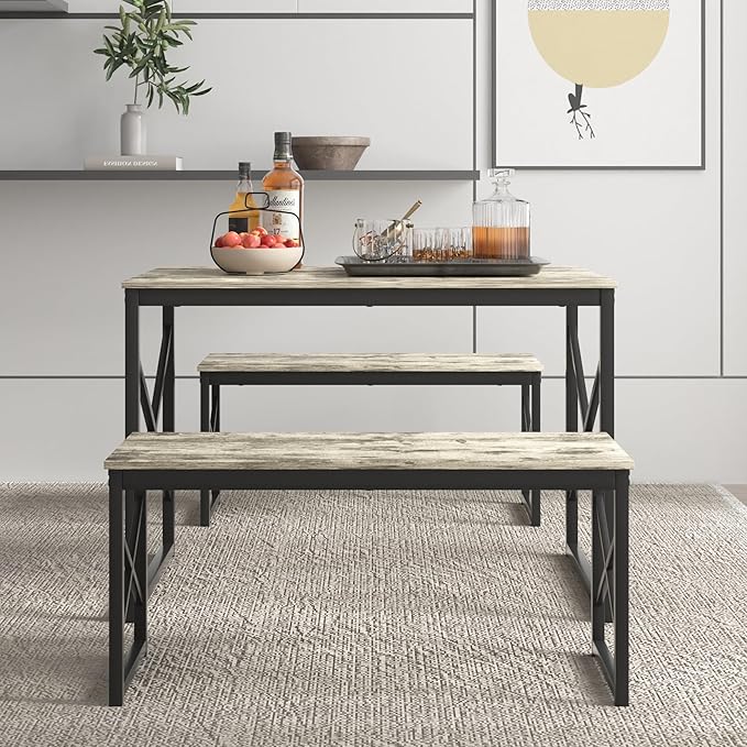 VECELO Kitchen Dining Table Benches Set for 4, 43.3" Wooden Dinette with 2 Benches, Heavy-Duty Dining Room Table for Small Space, Breakfast Nook, Grey